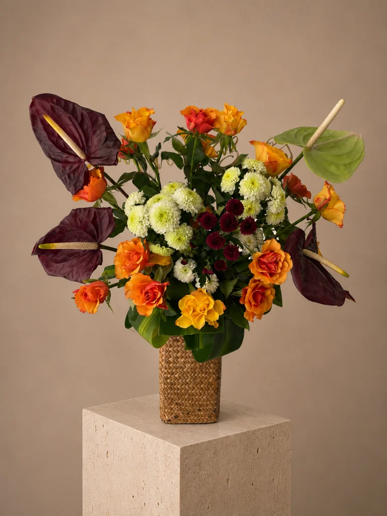 Bouquet de fleurs exotiques orange et rouge, Bouquet By S